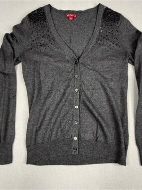 Merona Gray Sequin Cardigan Small Button Front V Neck Lightweight Sweater